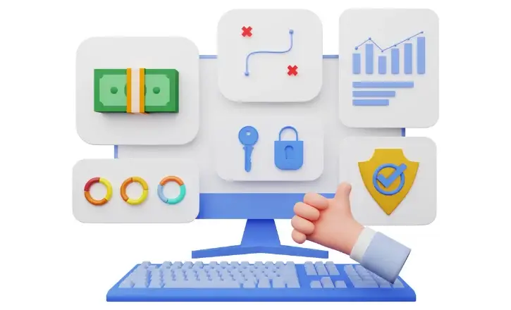 Computer screen with website and data and money and charts